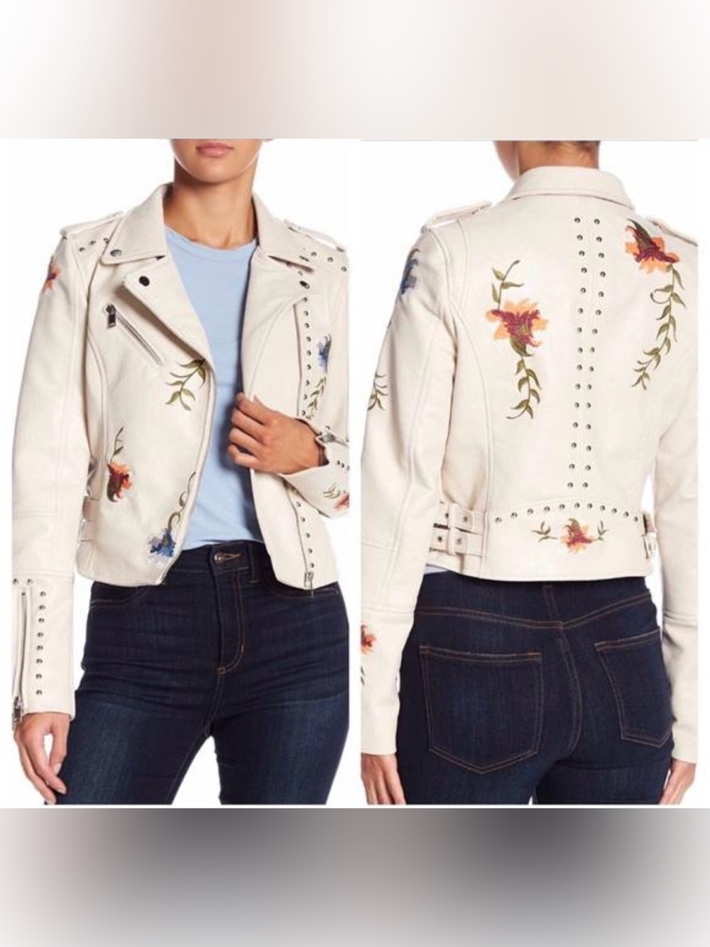 Floral Embroidered Studded Vegan Leather Moto Jacket M